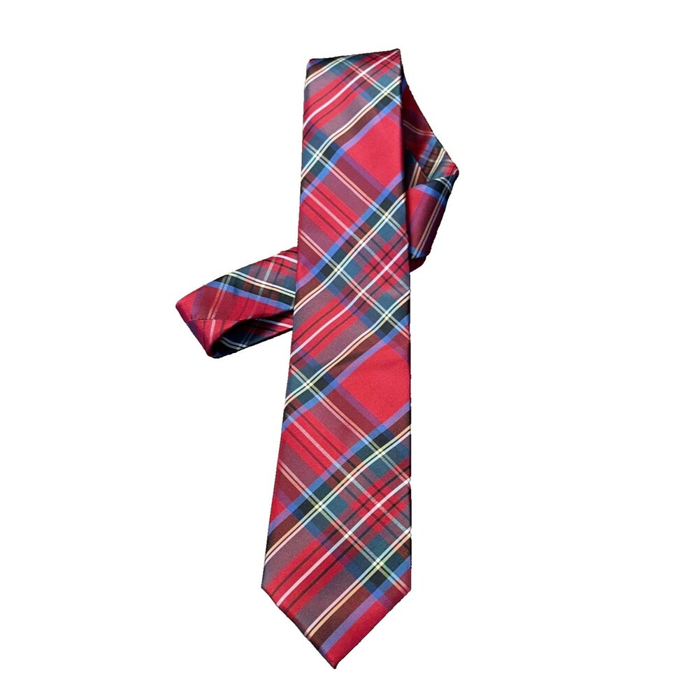 Tommy Hilfiger Men's Tartan Plaid Silk Necktie Red Green Blue 59"×3.25 Christmas